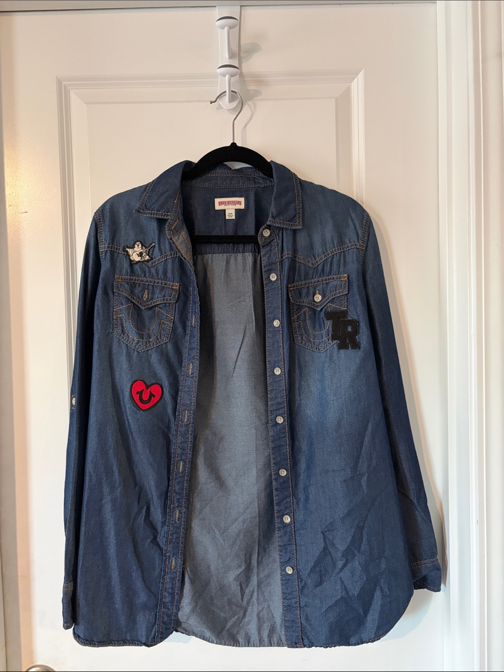 True Religion Girls' Denim Button-Down Shirt with Patch Accents - Blue